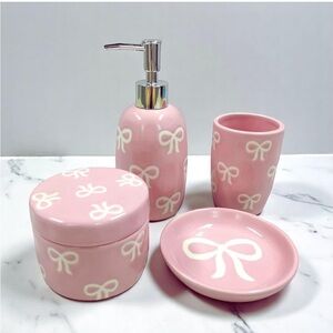 NEW Pink Bow Bathroom Set, 4 Pcs Ceramic Accessory Set